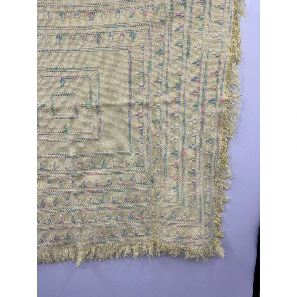 Vintage Baby Blanket Hand Woven Butter Yellow Pastel Fringed 33